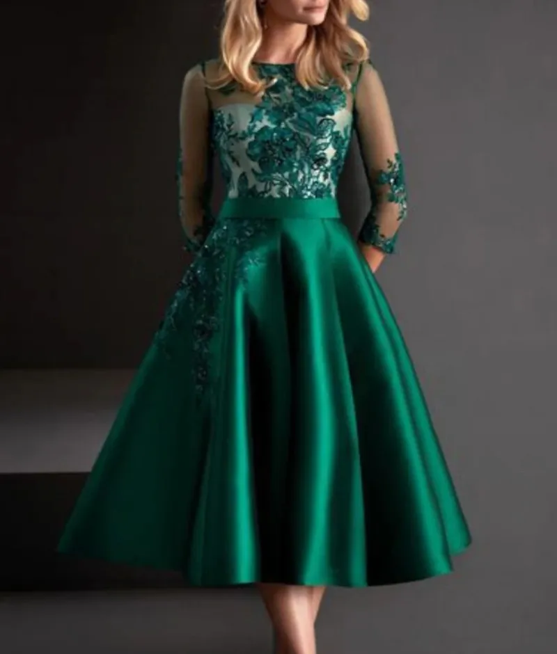 A-Line Floral Satin Cocktail Dress with Illusion Neck and Half Sleeves Tea  Length Green Blue