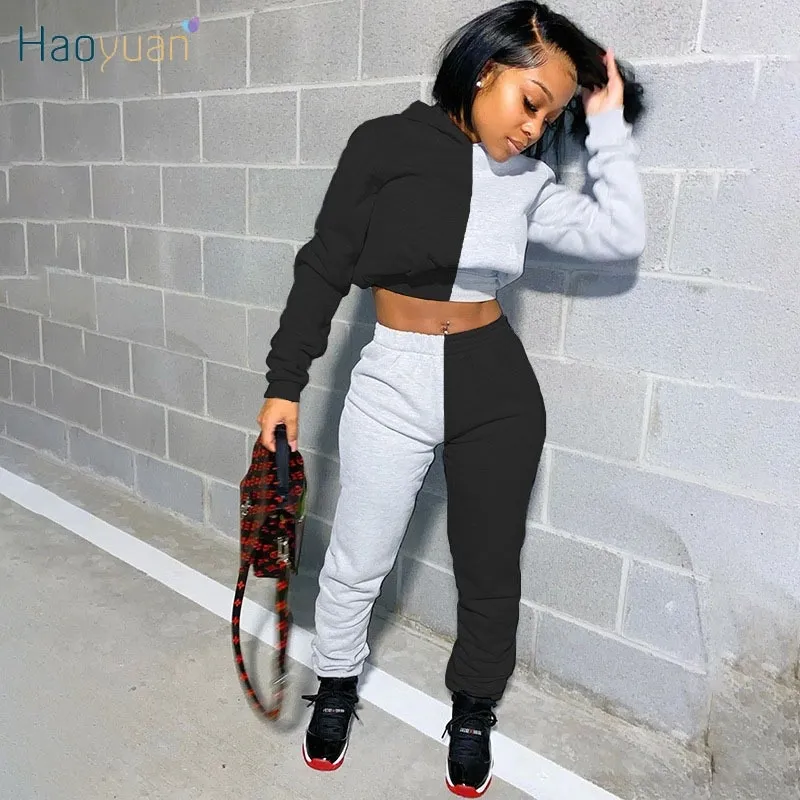 HAOYUAN Sexy Patchwork Two Piece Set Jumpsuit Long Sleeve Hoodies Sweatshirt Crop Top+Tracksuit Pants Women Fall Clothes Outfits 201007
