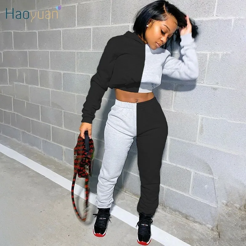 Haoyuan Sexig Patchwork Två Piece Set Jumpsuit Långärmad Hoodies Sweatshirt Besked Top + TRACKSUIT Byxor Kvinnor Fall Kläder Outfits 201007