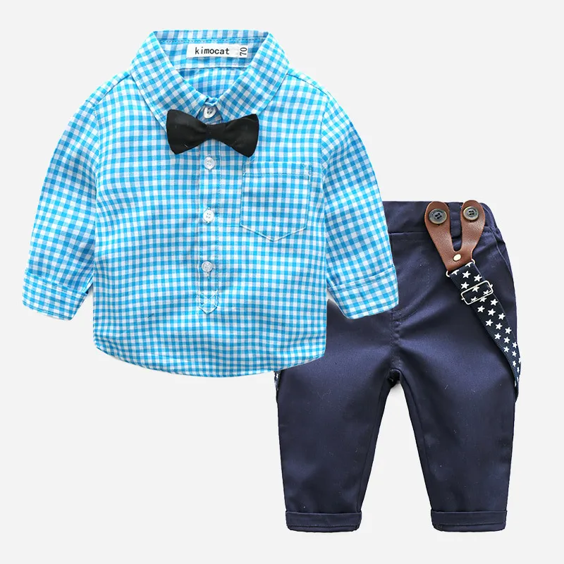 男の子の紳士服セット春秋の幼い男の子格子縞のシャツ+デニムサスペンダーパンツ2pcsセットキッズ服