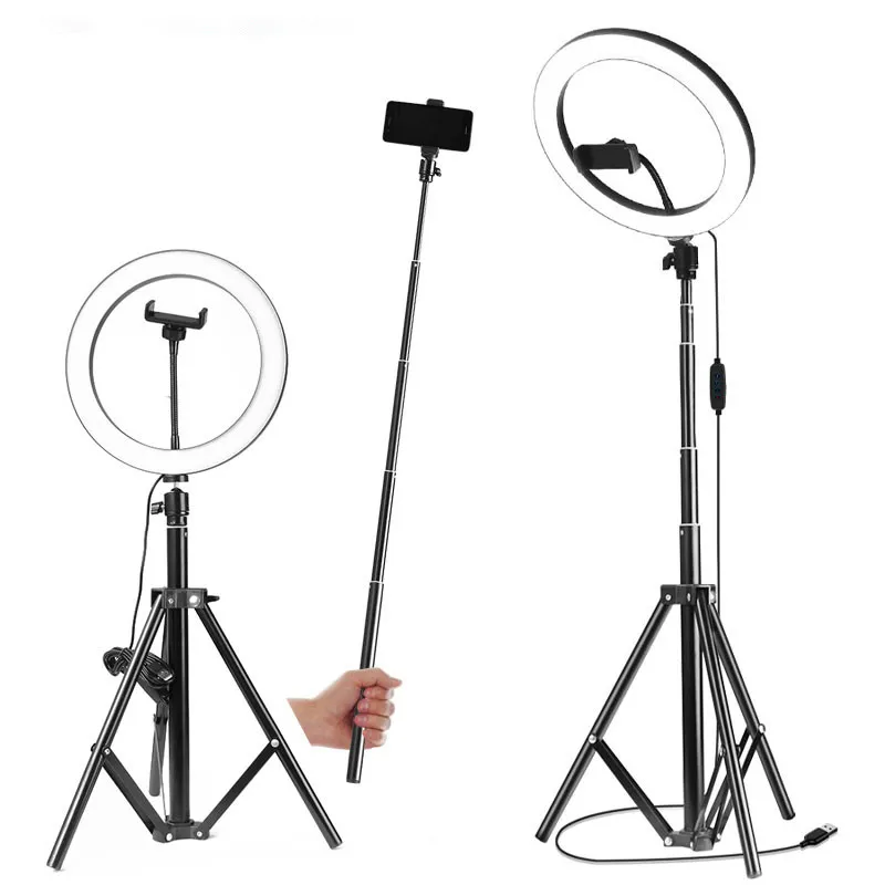 LEDリングライト10インチのライトランプの調光可能な写真スタジオの電話ビデオキヤノンのための150cmの三脚Selfie Stickusbプラグ