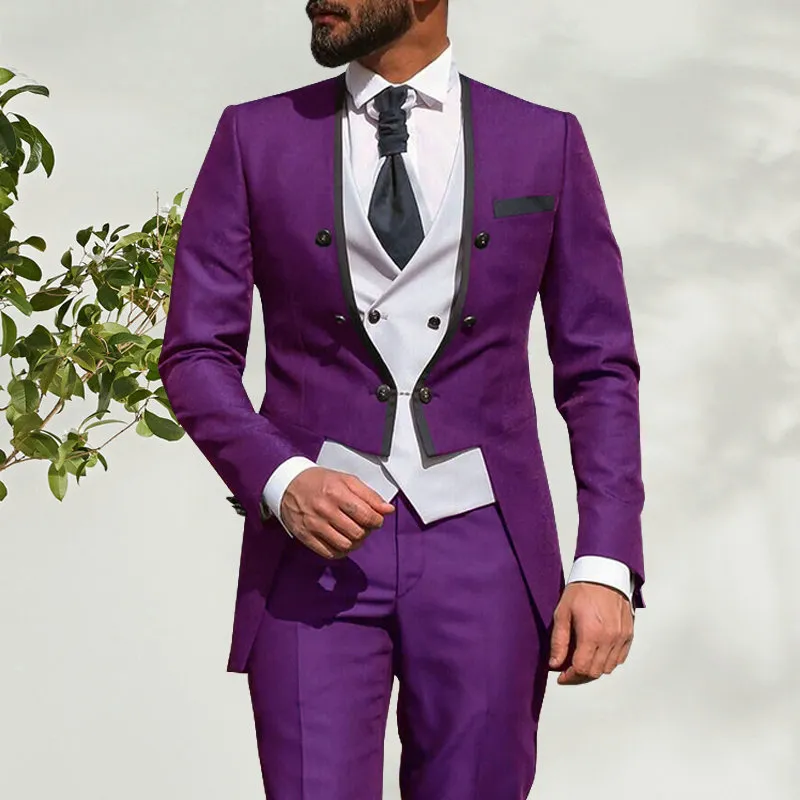 2021 أحدث الأزياء الأرجواني زي أوم رجال الأعمال الدعاوى الدعاوى الزفاف للرجال ternos masculinos يتأهل البدلات الرسمية 3 قطعة