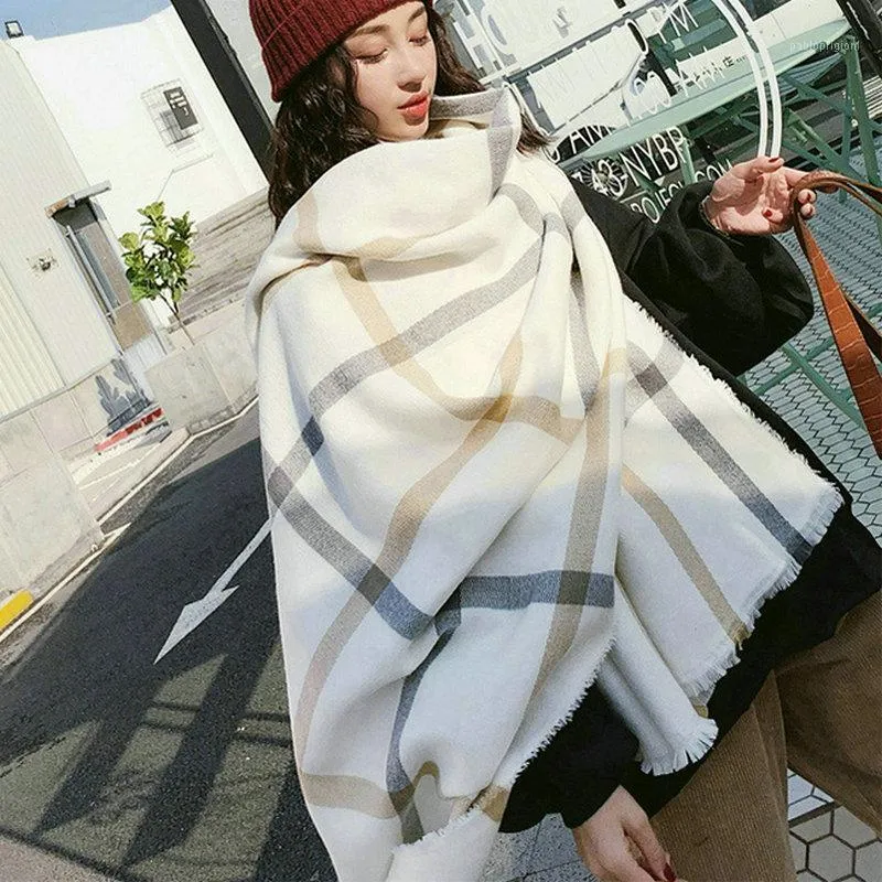 Scarves Korean White Plaid Scarf Women Winter Imitation Cashmere Scarfs For Ladies Oversized Knitted Shawl And Wraps MY20621