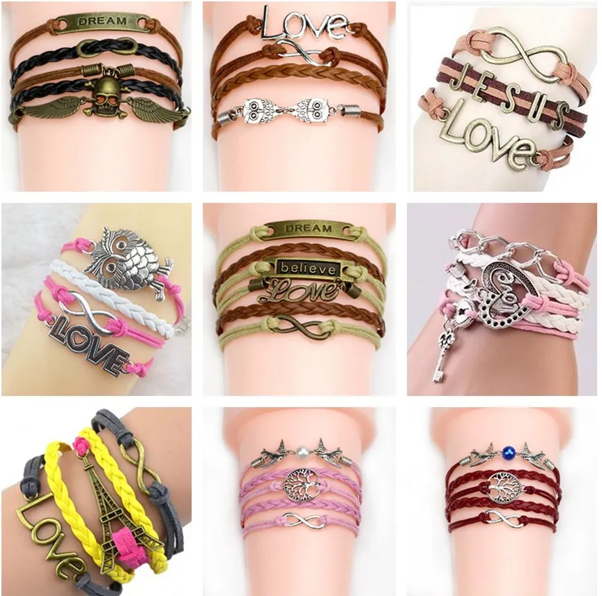 Mix styles charms jewelry bracelets charms infinity bracelet for women and men cross owl love bird believe