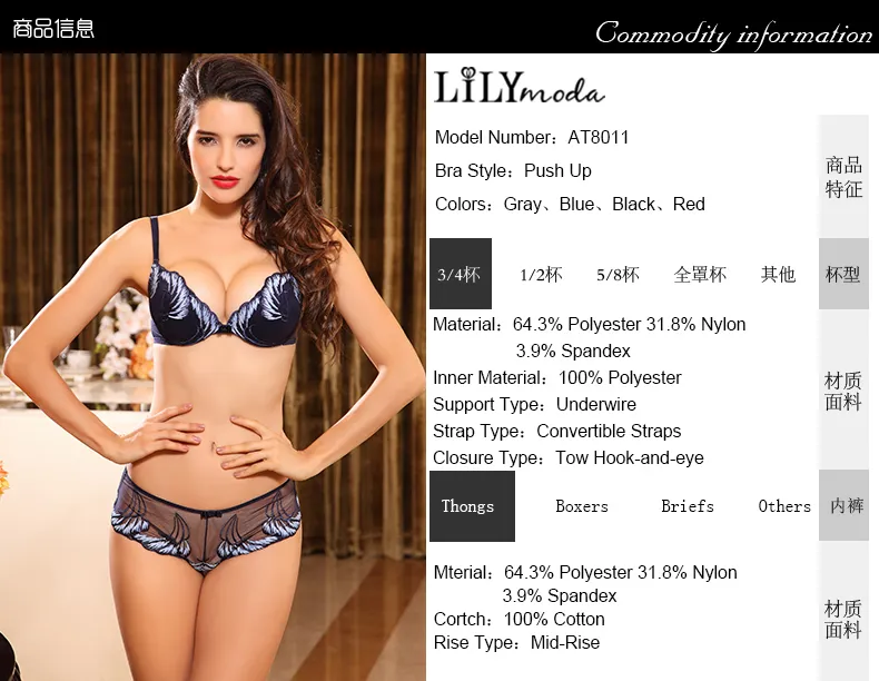 Lilymoda Embroidered Push-Up Lingerie Set - Seamless Thong Panties & Bra,  Sexy Women's Underwear Combo
