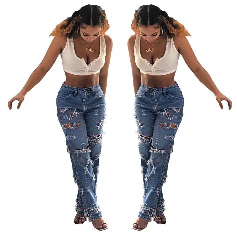 Women's Jeans Womens Autumn Winter European And American Fashion Natural Waist Personality Ripped Straight Leg Trousers