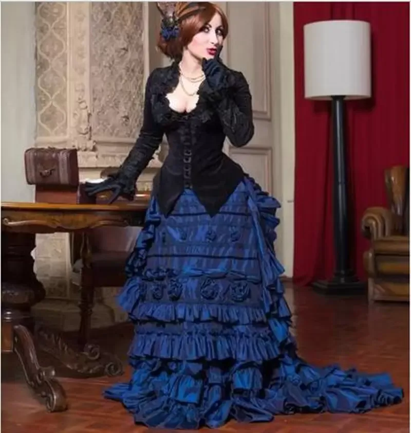 blue velvet wedding dress Custom-made Vintage Black and witchy with Veet Long Sleeves, Ruffles, Deep V-Neck, and Sweep Train Style:N2442-N8339-BLU - 0201C autumn wedding dress loop:Men's Oxford Shirt Reem Acra - Black