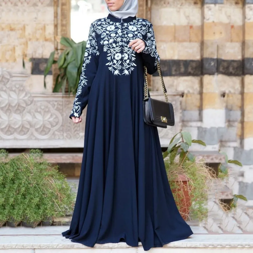 Dubai Muslim Abaya Lång Klänning Kvinnor Etnisk Blommigryck Islam Kaftan Robe Maxi Klänningar Plus Storlek Långärmad Fall Femme Vestiod Y0118