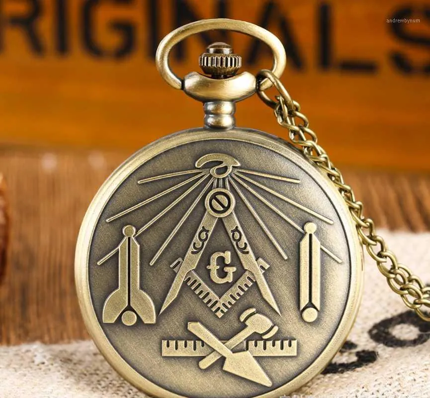 10st / lot Vintage Brons Freemason Pocket Watch Necklace Retro Quartz Pocket Watch Gratis Mason Masonic Smycken Fader Daggåva1