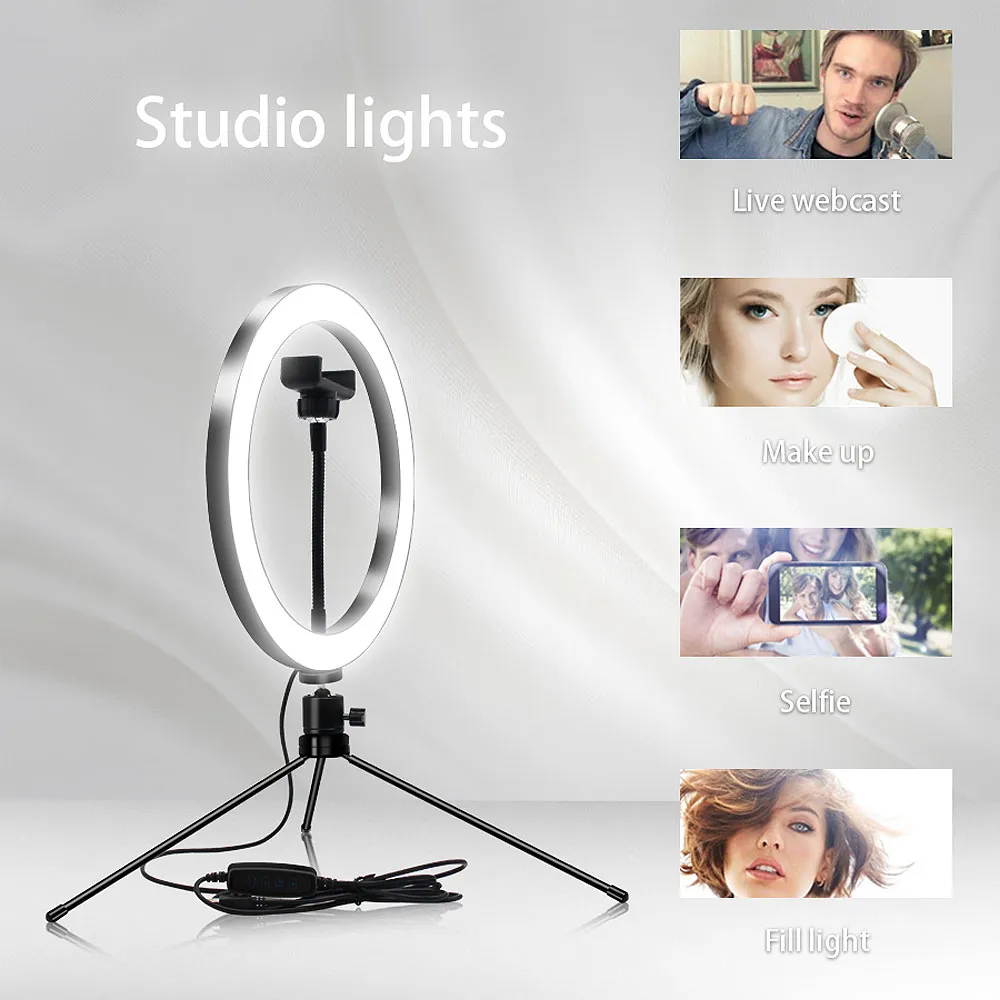Ściemniana LED Selfie Ring Light 8 '' 10 '' 26 CM Lampa pierścieniowa do makijażu Oświetlenie Piękno Room Statyw Tabela Living Broadcast Plug USB