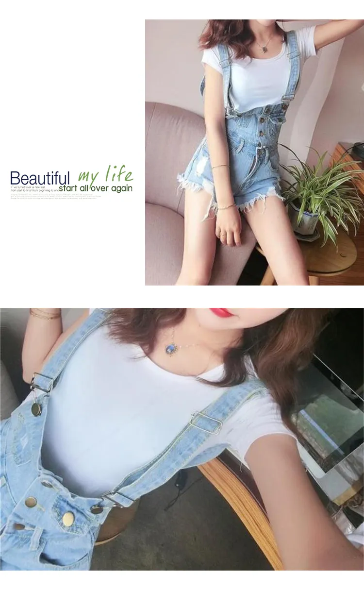 New spring hot jeans suspenders low-waisted cut holes in the Korean version of fashion suspenders shorts women (6)