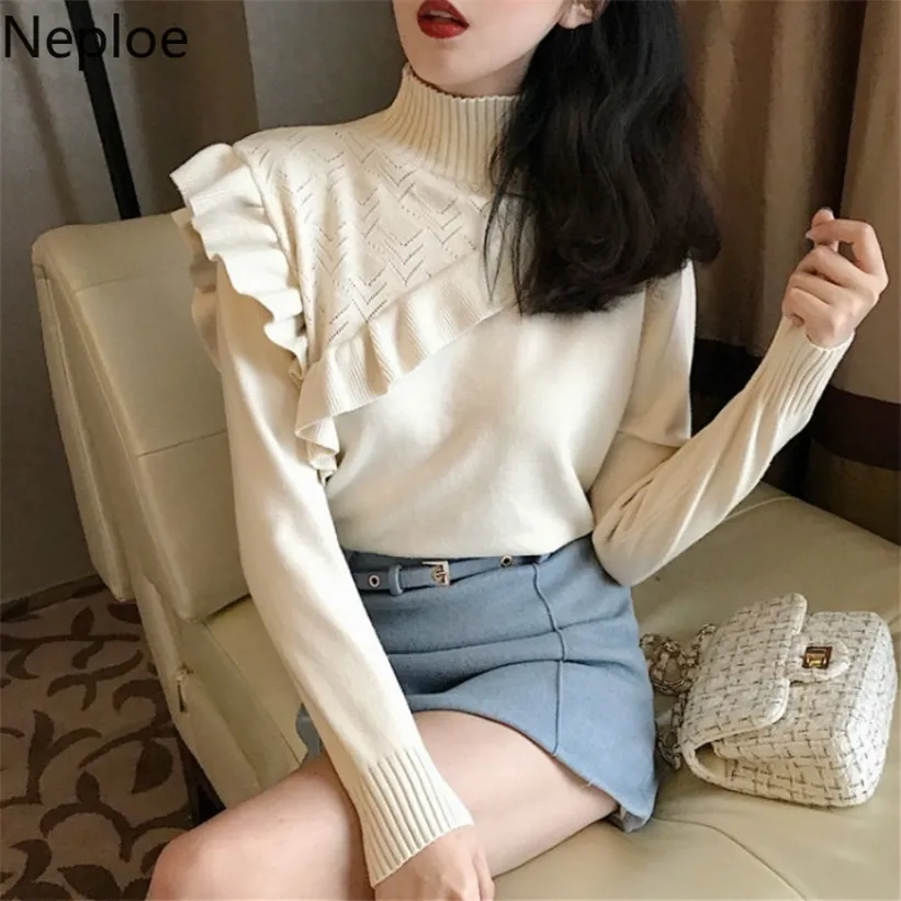 Korean Clothing Womens Knit Set: Half High Collar Ruffle Sweater