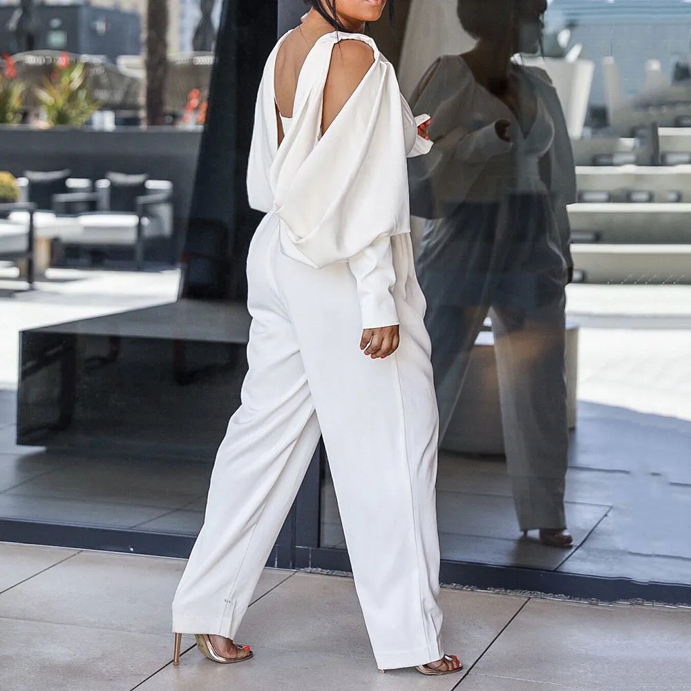 Blanc Pink Elegant Lignet Wide Femmes Jumpers Rompers V Neck Neckless High Wistre Long Manchez Bureau Party