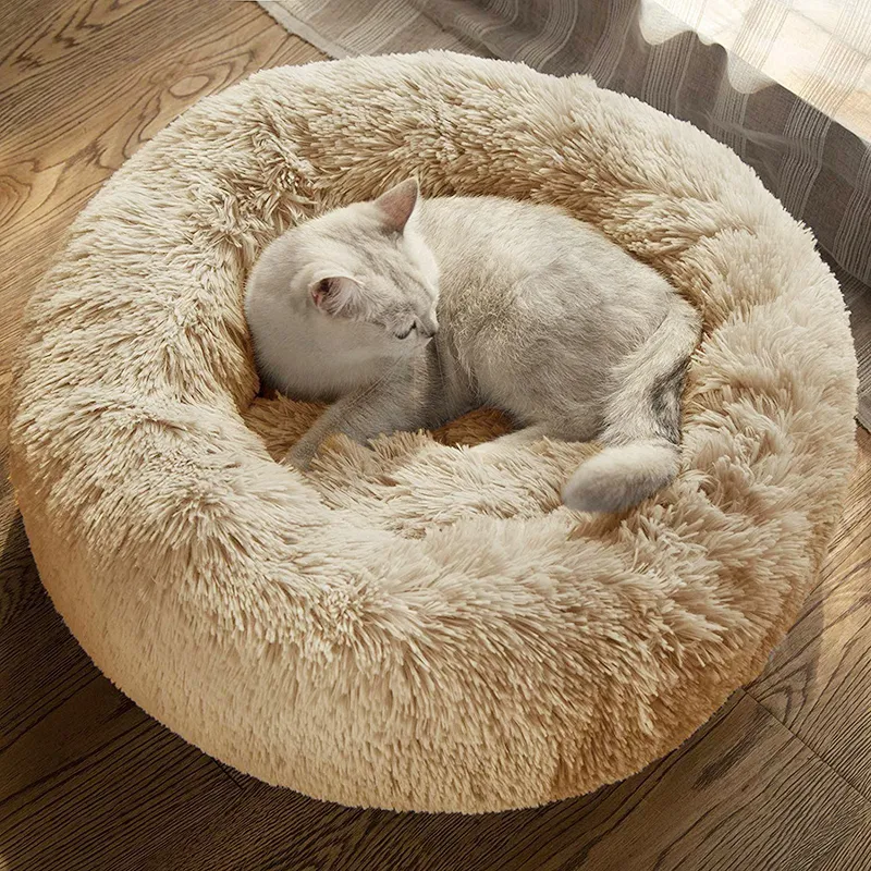 Papipet Winter Warm Round Dog Bed Sleeping Lounger Mat Puppy Kennel Long Plush Cat Nest Christmas Gifts Pet Supplies LJ201028
