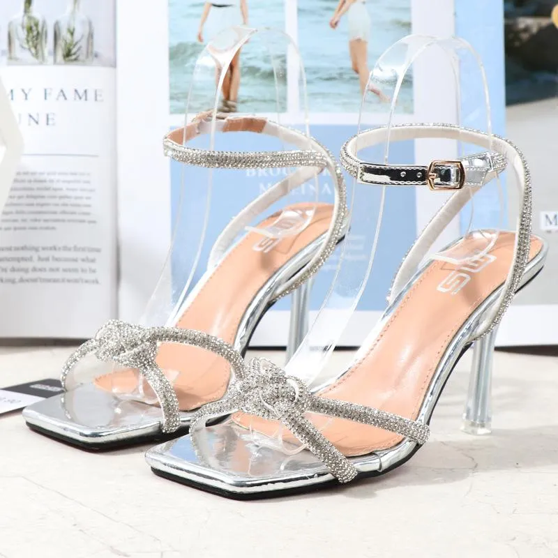 Dress Shoes 2022 Fashion Rhinestones Gladiator Silver High Heels Ankle Strap Strappy Sandals Women Sexy Stiletto Party