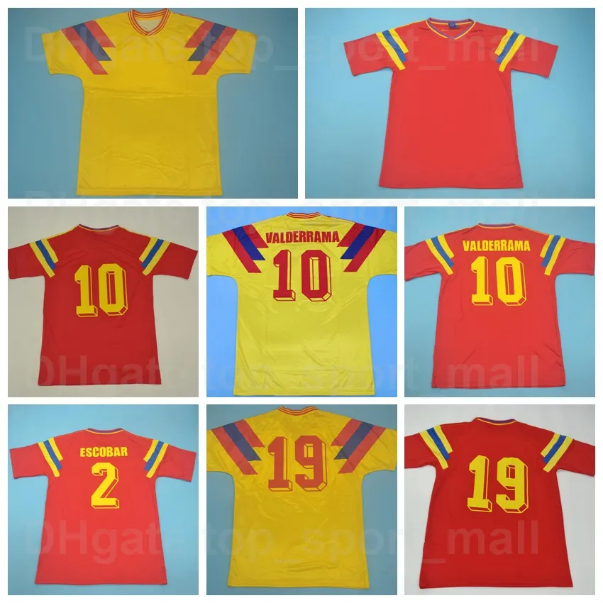 National Team 1990男性レトロ10バルデララマサッカージャージヴィンテージクラシック2エスコバールチーム赤カラー黄色いフットボールシャツキットユニフォームカスタム名番号Gelunbiya