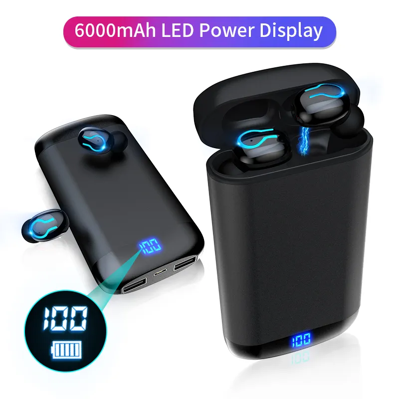 Merk Draadloze Blauw-Tand Oortelefoon HD Stereo Hoofdtelefoon Sport Waterdichte Headset met Mic 6000 MAH Battery Lading Case Power Bank