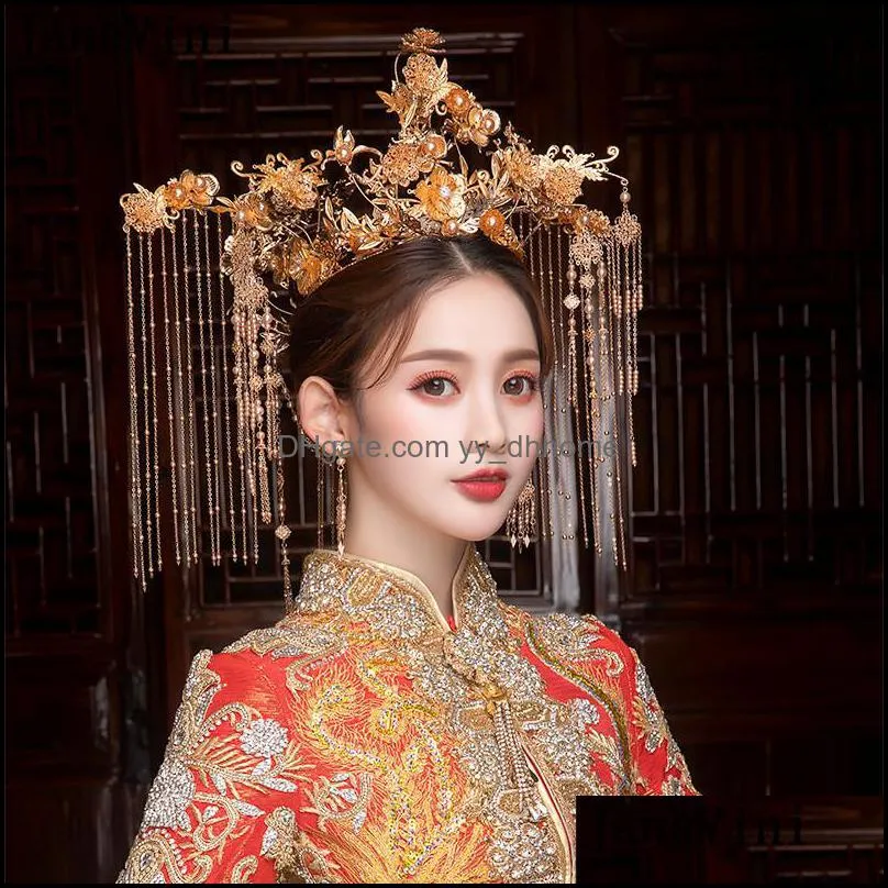 Hair Clips & Barrettes JaneVini Chinese Style Hyperbolic Wedding Imperial Crown Luxurious Gold Long Tassel Pearls Bridal Headband Earrings