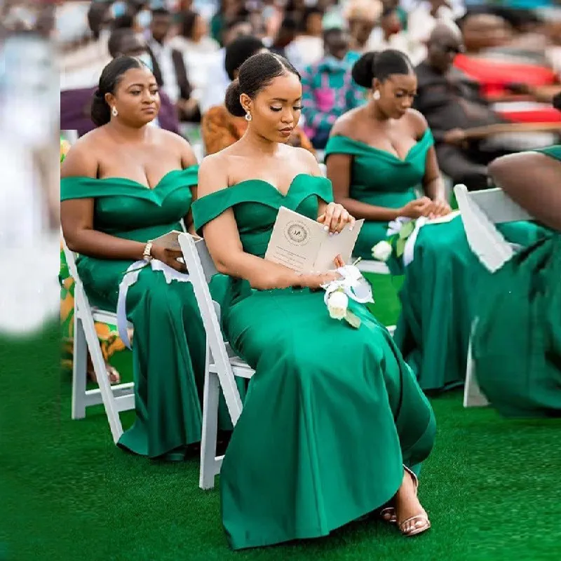 2021 Hunter Green dama de honra vestidos fora do ombro cetim sereia estilo aberto de volta dioteca de honra festa formal vestido nupcial barato mais tamanho