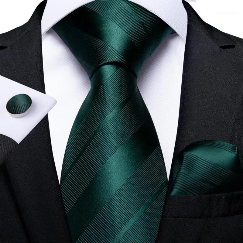 Noeuds papillon hommes cravate vert solide rayé mariage cravate pour hommes Hanky boutons de manchette ensemble de soie fête d'affaires DiBanGu Designer MJ-72221