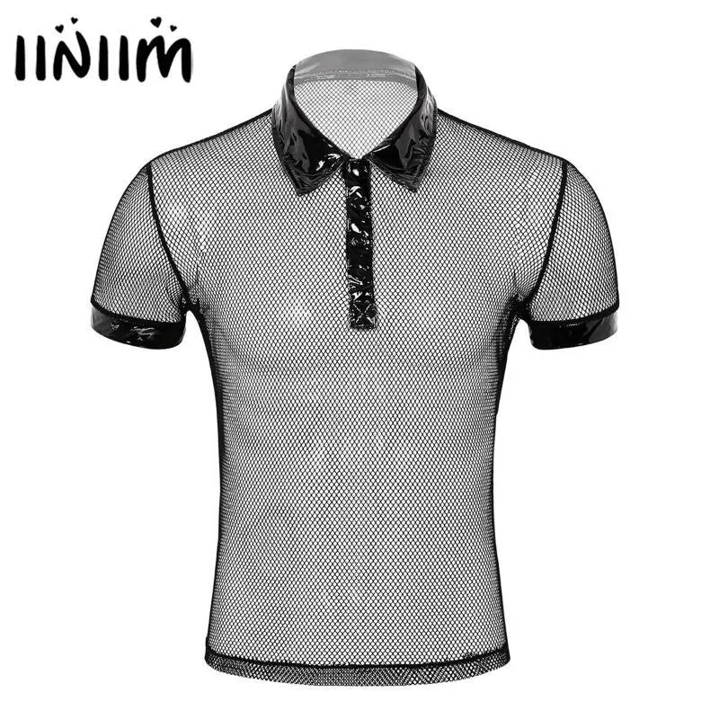 iiniim Mens See Through Sheer Fishnet Turn-down Collar Short Sleeves Hollow Out T-Shirt Muscle Tops Clubwear Moto Party Costumes