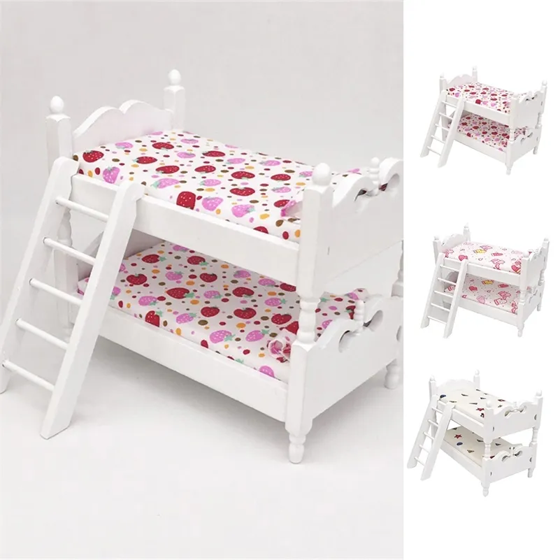 1:12 Mini Wood Colorful Printing Bed Doll Husmöbler Barn Simulering Doll House Educational Toys Presenter 201217