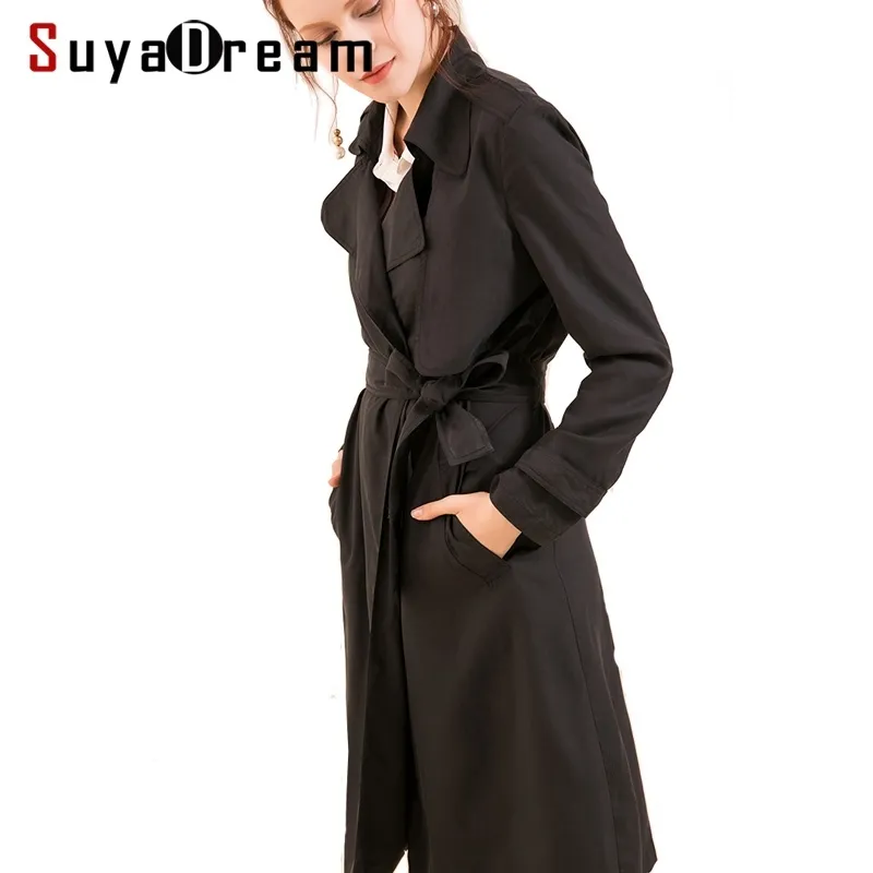 Trench di seta da donna SuyaDream 100% vera seta nera con cintura lunga trench da ufficio autunno inverno tagli cappotto esterno 201102