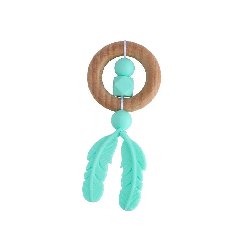 New DIY feather Baby Teether Rings Wooden Bead Newborn Silicone teethers Baby Chew Toys Wood Teething silicone Infant Teethers