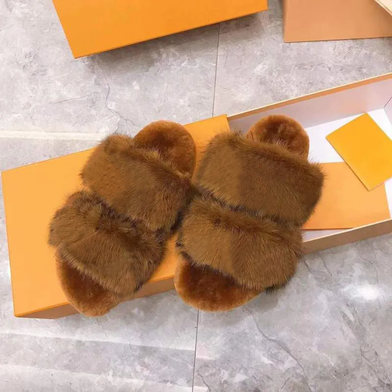 women mink slippers warm cotton slippers fashion ladies Flat Mink fur Slipper shoes with box size 35-40