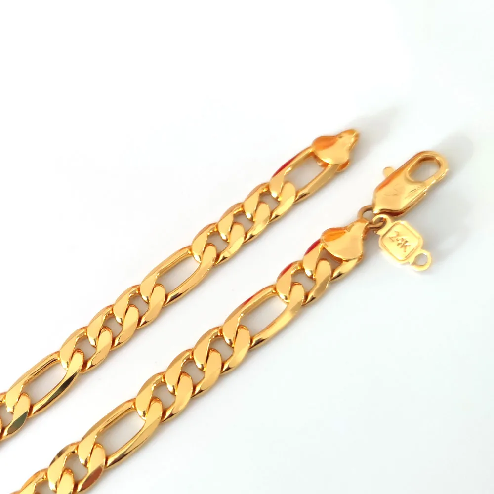 Real 24K Solid Gul Fine Gold Finish 10mm Italian Figaro Link Kedja Hänge Halsband 22 "Inches Mens Present