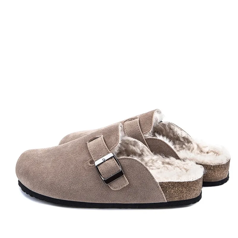 Hiver Faux vache daim cuir Mule sabots pantoufles longue peluche chaud intérieur doux liège boucle diapositives chaussures pour femmes hommes Y201