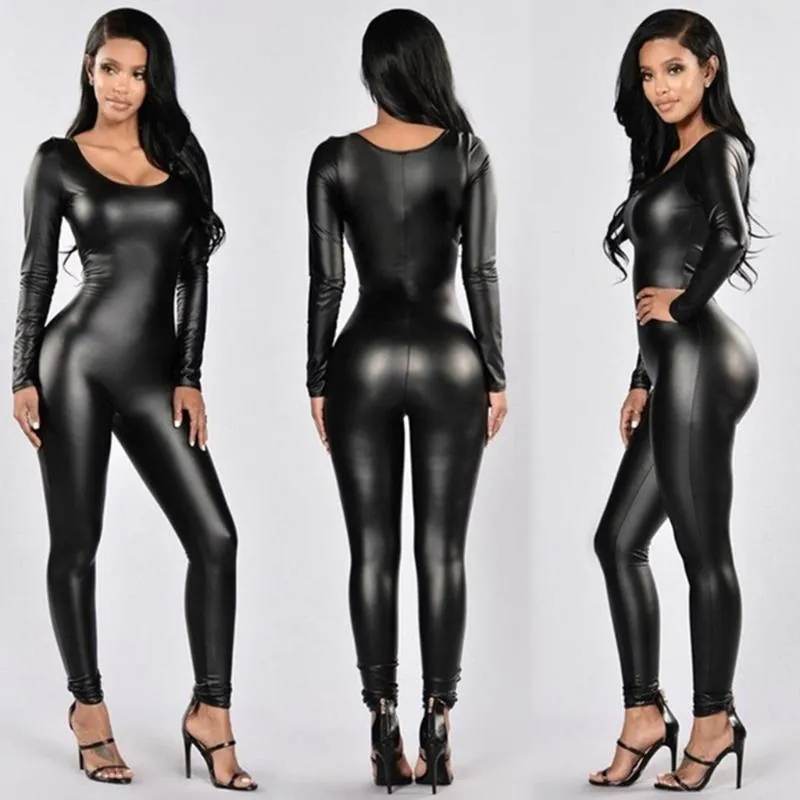 Femmes Shapers Sexy Lady Cuir Noir Latex Catsuits Coupe Basse Avec Fermeture À Glissière Ouvert Entrejambe Élastique Wetlook PU Leotard Body Bar Clubwear