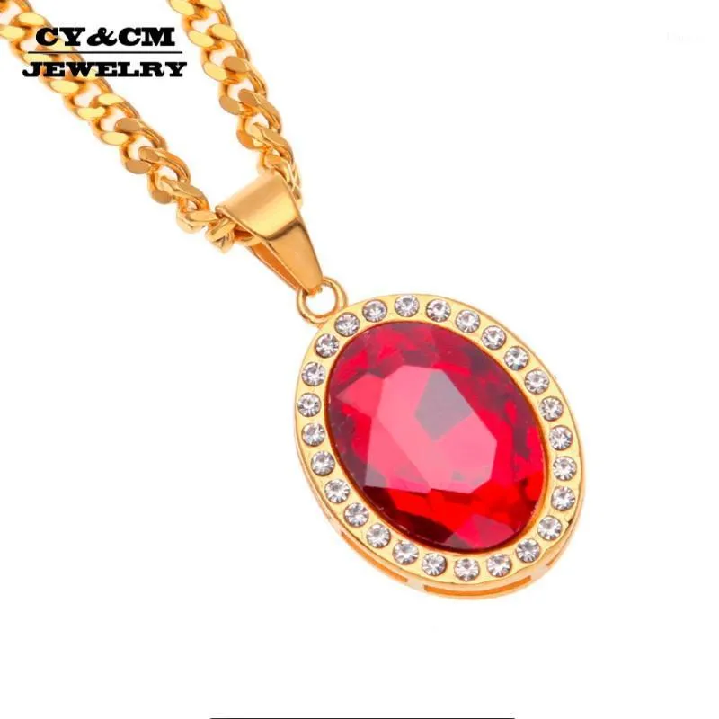 Pendentif Colliers CYCM Acier Inoxydable Ovale Rouge Gem Or Couleur Hip Hop Glacé Cristal Strass Charmant Bijoux Chaîne Cubaine1