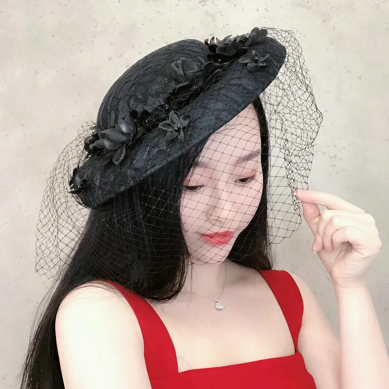 Hot Sale Vintage Ivory Black Lace Wedding Hat For Women Flower Veil Fascinator Headpiece Cocktail Party Fedora Hair Accessories