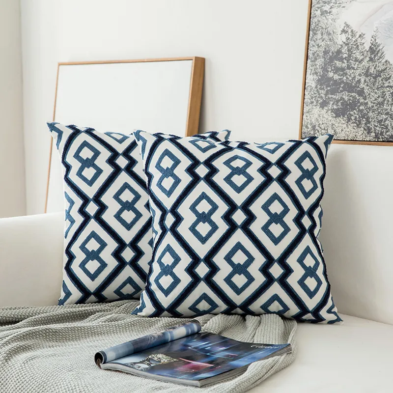 Home Decor Embroidered Block Print Cushion Covers Navy Blue White Geometric Floral Canvas Cotton Suqare Embroidery Pillow Cover 45x45cm LJ201216 From Cong08 8.4 DHgate.Com