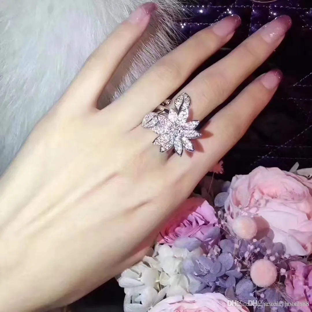 Anillo de moda de compromiso de plata pura S925 con diseño de flor de loto y diamante para nuevos anillos de boda de moda real, joyería de marca PS5455