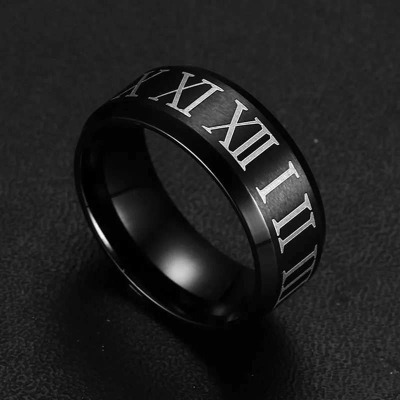 Cool Design Roman Numrals Matte Black Feed Titanium Steel Ring Storlek 7/8/9/10/11