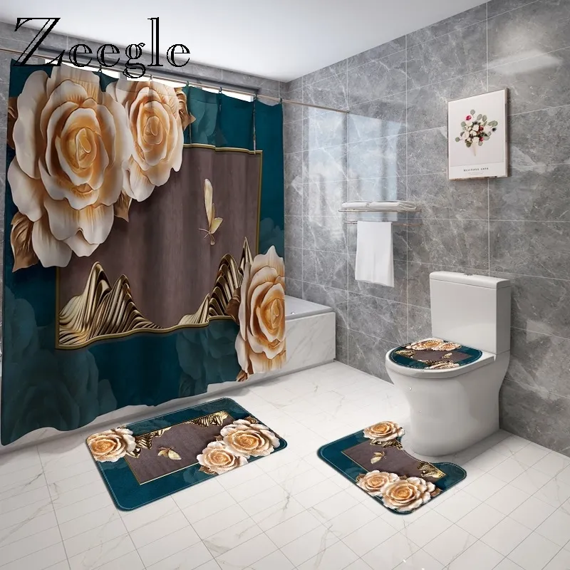 Traditional Style Floral Bath Mat and Shower Curtain Set Non-Slip Toilet Foot Rug Flannel Toilet Floor Carpet Bathroom Mat Set
