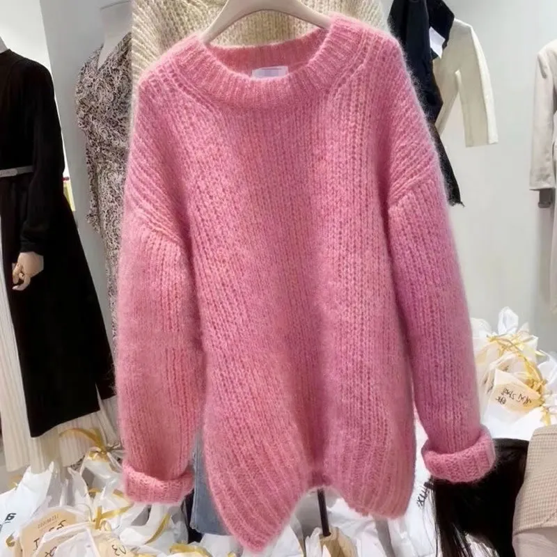 Autumn Winter New Women O-pescoço O-pescoço solto cor rosa Palazzo maconha suéter tops
