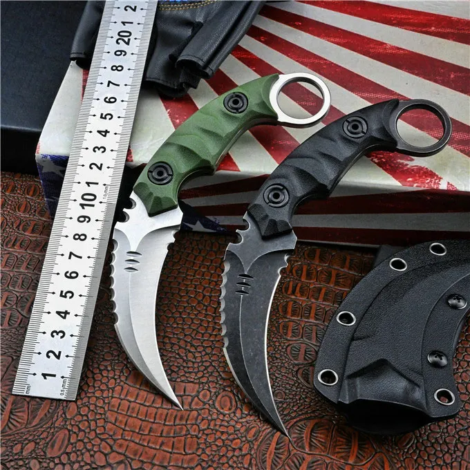 1 pcs sobrevivência ao ar livre tático lâmina fixa garra faca d2 preto lavagem de pedra / lâmina de cetim cheia tang grn lidar com karambit