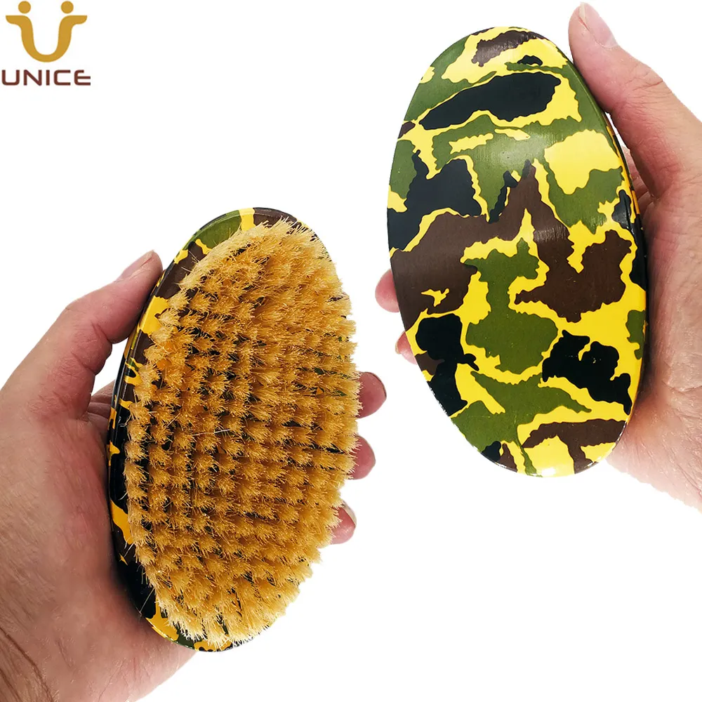 MOQ 100 Pcs OEM Customized LOGO Camouflage Curved Handle Hair Brush Premium Wave Brushes with Boar Bristle for Men Washing Groomming