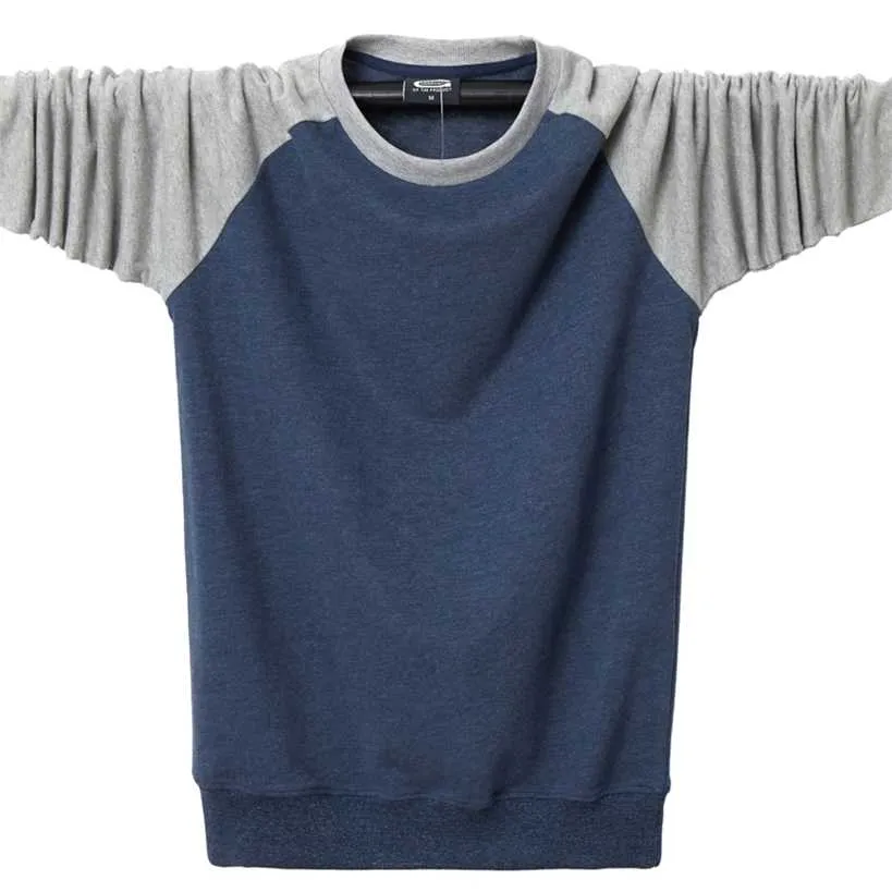 남자 가을 긴 티셔츠 패치 워크 디자인 슬림 피트 느슨한 캐주얼 코튼 티셔츠 O 넥 기본 탑 티즈 플러스 사이즈 5XL 6XL 220115