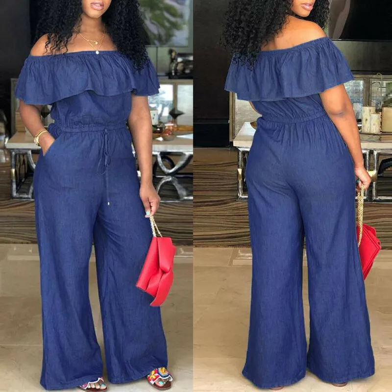 Dames Off-Shoulder Wijde Pijpen Romper Jumpsuit Casual Lange Broek Overall Broek Ruche Kraag Losse Empire Jumpsuits M-4XL 201007