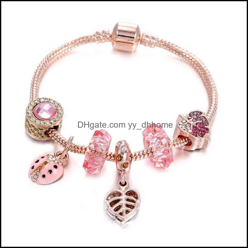 Bt Selling Bling CZ Cubic Zirconia Flower Leav Charms Exquisite Rose Gold Rhintone Heart Charm Bracelet