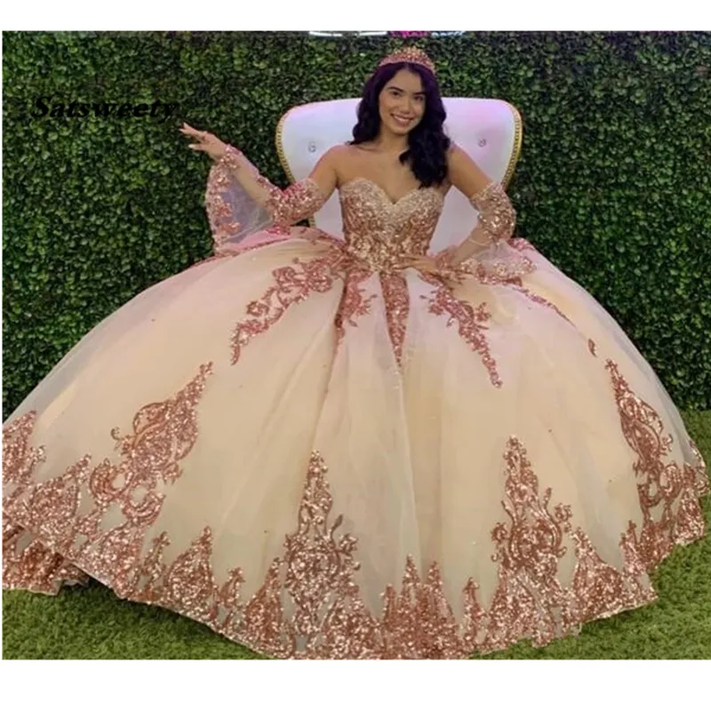 Rose Gold Sparkly Quinceanera Prom Jurken 2022 Moderne Sweetheart Kant Applique Pailletten Baljurk Tulle Vintage Avond Party