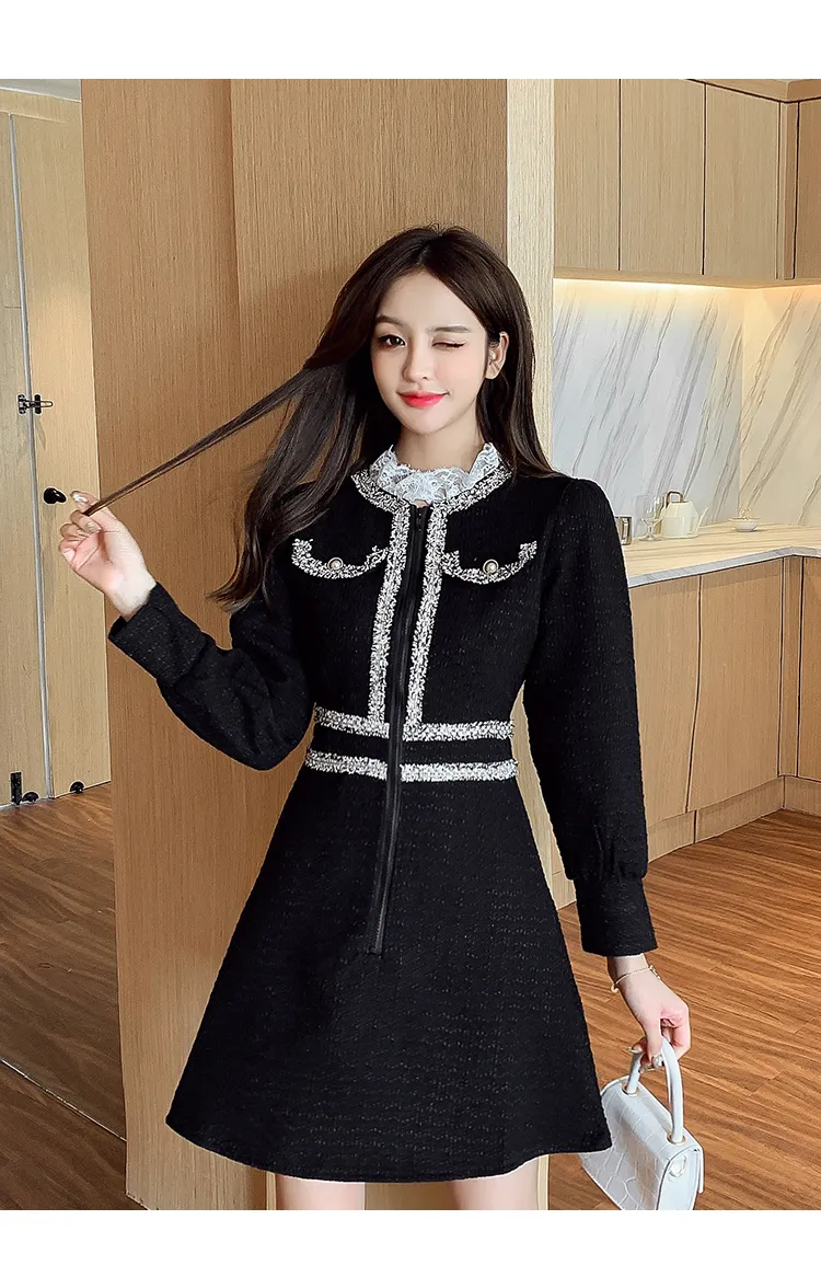 2021 EINE Linie Schwarz Herbst Winter Vintage Koreanische Zipper Frauen Elegante Spitze Patchwork Tweed Kleid Party Langarm Runway Vestidos
