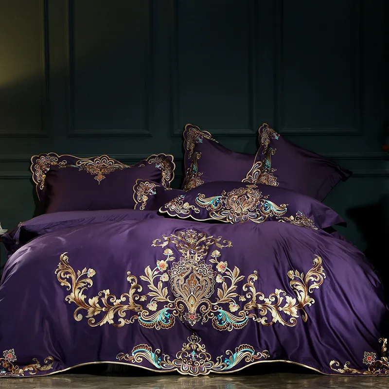 Lila Rot Luxus Orientalische Stickerei Ägyptische Baumwolle Royal Bettwäsche-Set Königin King-Size-Bett Bettbezug Bettlaken Set Kissenbezug T200822