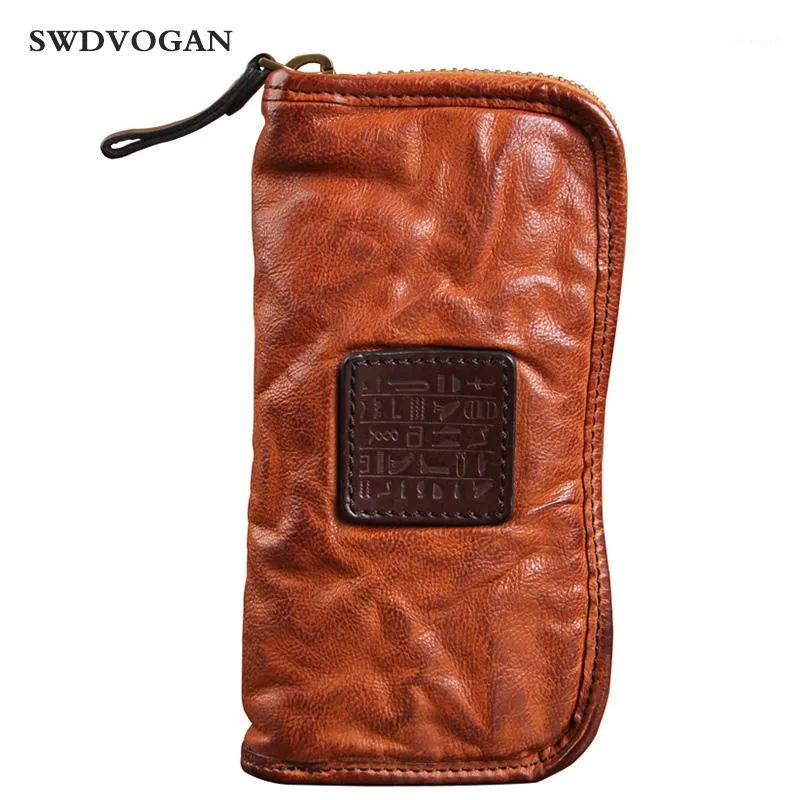 Plånböcker Äkta Läder Plånbok Män Koppling Väska Vintage Cowhide Ruched Purse Zipper Male Long Letter Carteira1