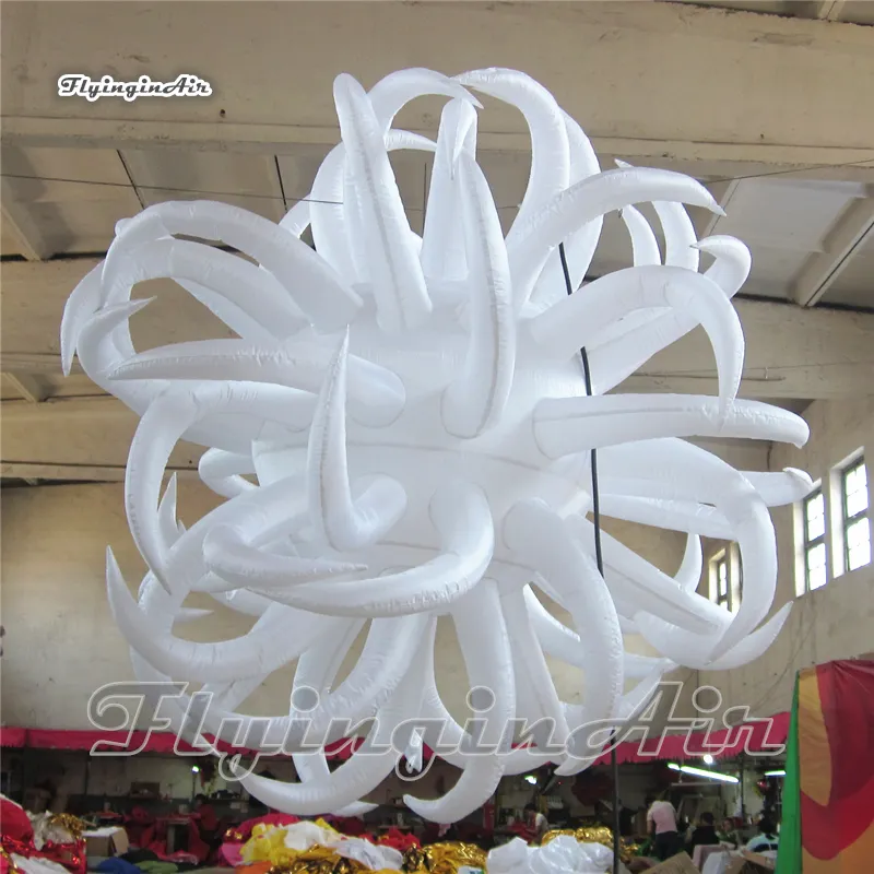 Personalized Hanging Lighting Inflatable Sea Urchin Model Balloon 2m White LED Balloon With Curved Corners For Concert Party Decoration