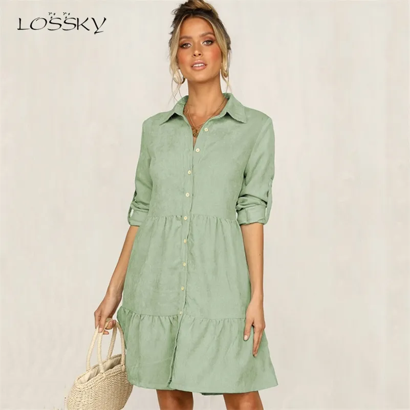 Lossky 셔츠 드레스 긴 소매 여성 봄 사무실 작업 드레스 세련된 버튼 화이트 블랙 숙녀 슬림 미디 드레스 2020 의류 LJ200818
